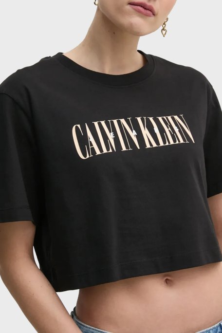 Calvin Klein Baskılı Pamuklu Oversize Fit Yuvarlak Yaka Crop J20J225578BEH Bayan T Shirt J20J225578 BEH SİYAH - 4