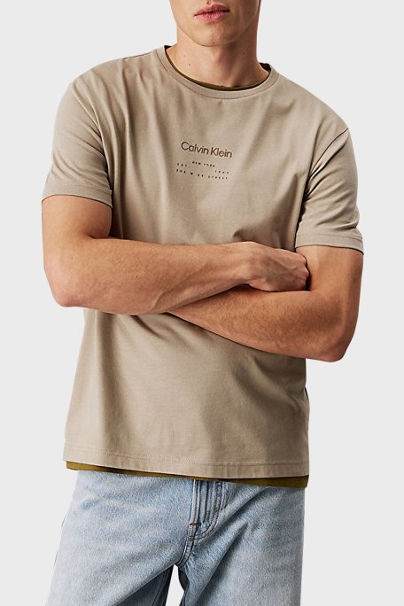Calvin Klein Baskılı Pamuklu Regular Fit Bisiklet Yaka K10K114172PAH Erkek T Shirt K10K114172 PAH BEJ - 1