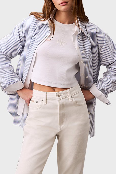 Calvin Klein Fitilli Pamuklu Slim Fit Bisiklet Yaka Crop LV047AB802YAA Bayan T Shirt LV047AB802 YAA BEYAZ - 1