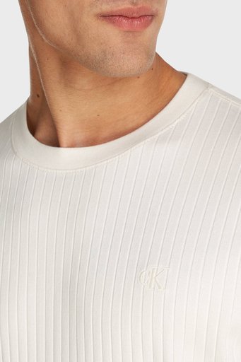 Calvin Klein Fitilli Streç Pamuklu Regular Fit Bisiklet Yaka J30J326149YBI Erkek T Shirt J30J326149 YBI EKRU - 3