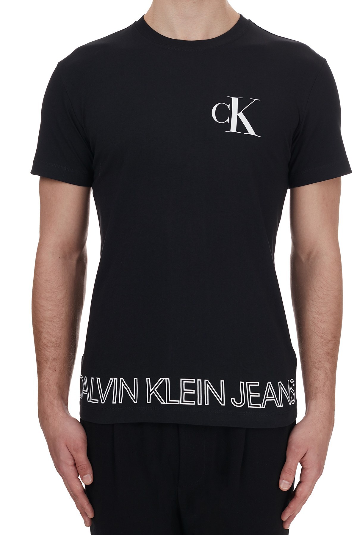 Calvin Klein Logo Baskılı Bisiklet Yaka % 100 Pamuk Erkek T Shirt J30J316457 BEH SİYAH