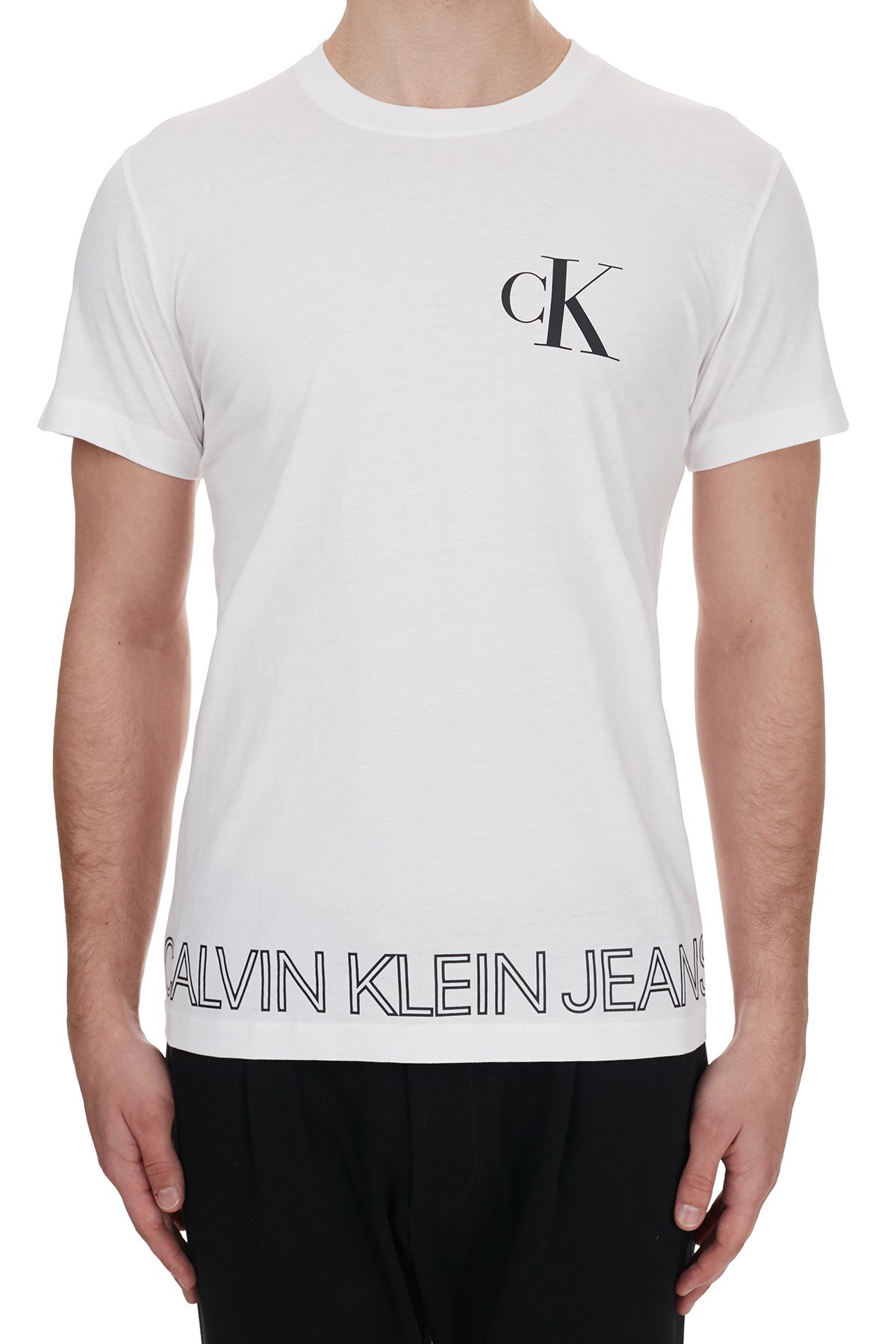 Calvin Klein Logo Baskılı Bisiklet Yaka % 100 Pamuk Erkek T Shirt J30J316457 YAF BEYAZ