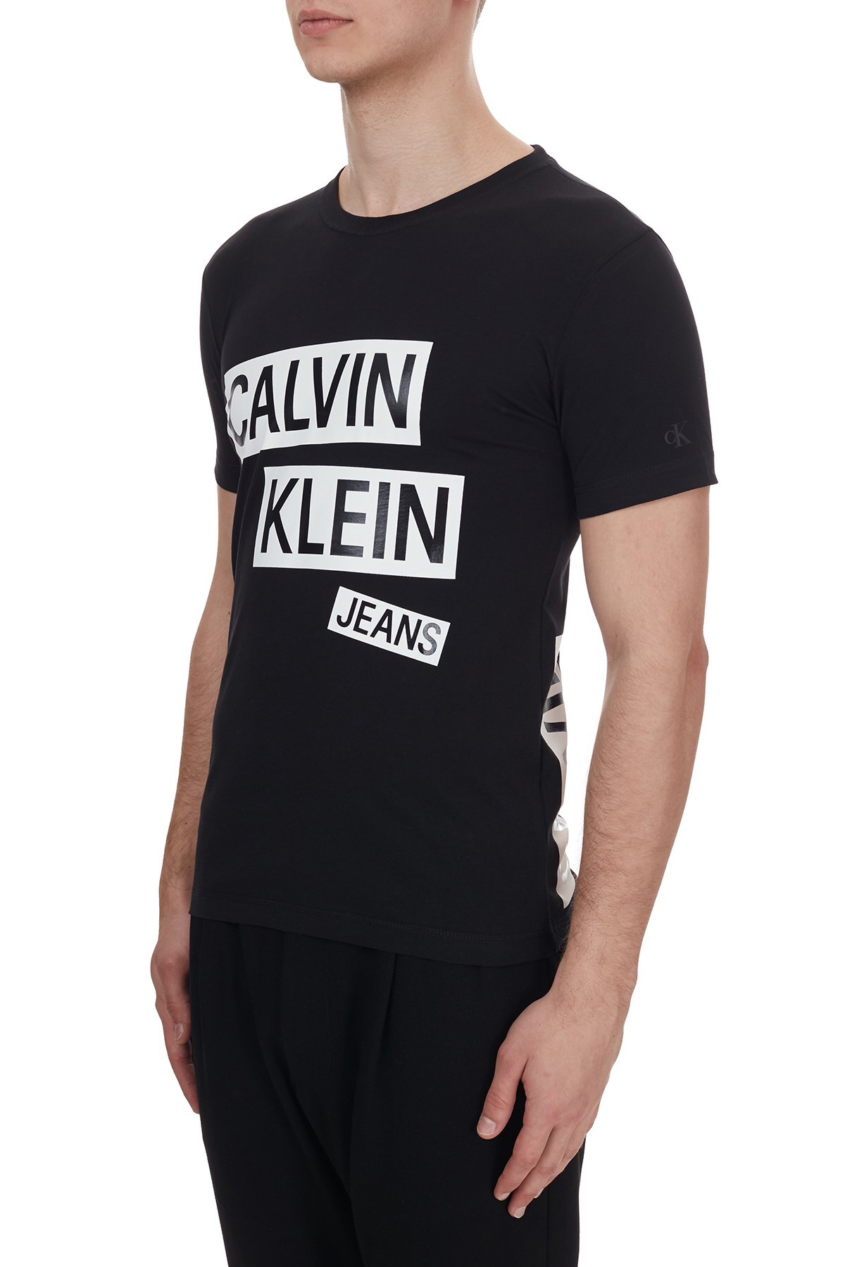 Calvin Klein Logo Baskılı Bisiklet Yaka % 100 Pamuk Erkek T Shirt J30J316483 BEH SİYAH