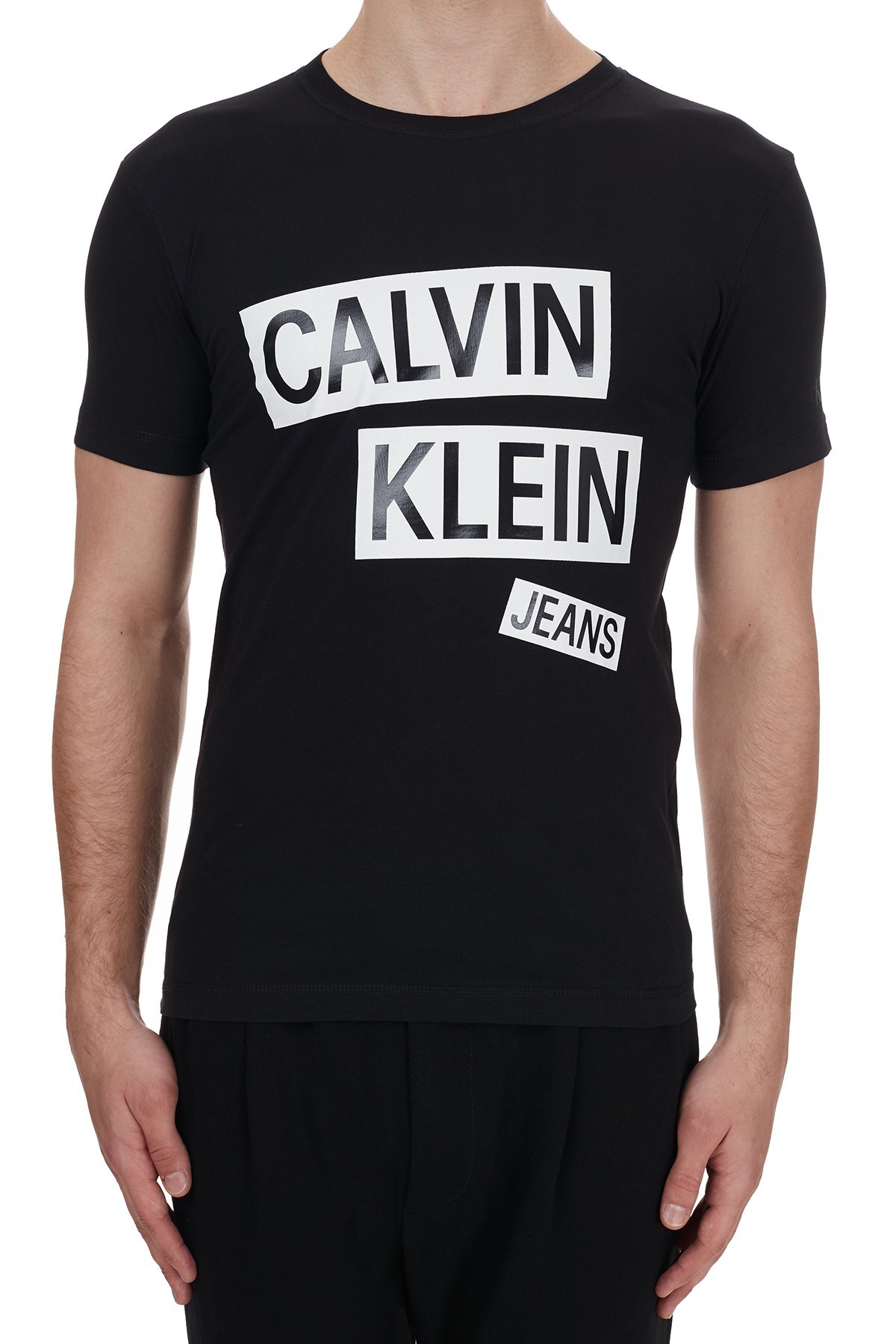 Calvin Klein Logo Baskılı Bisiklet Yaka % 100 Pamuk Erkek T Shirt J30J316483 BEH SİYAH