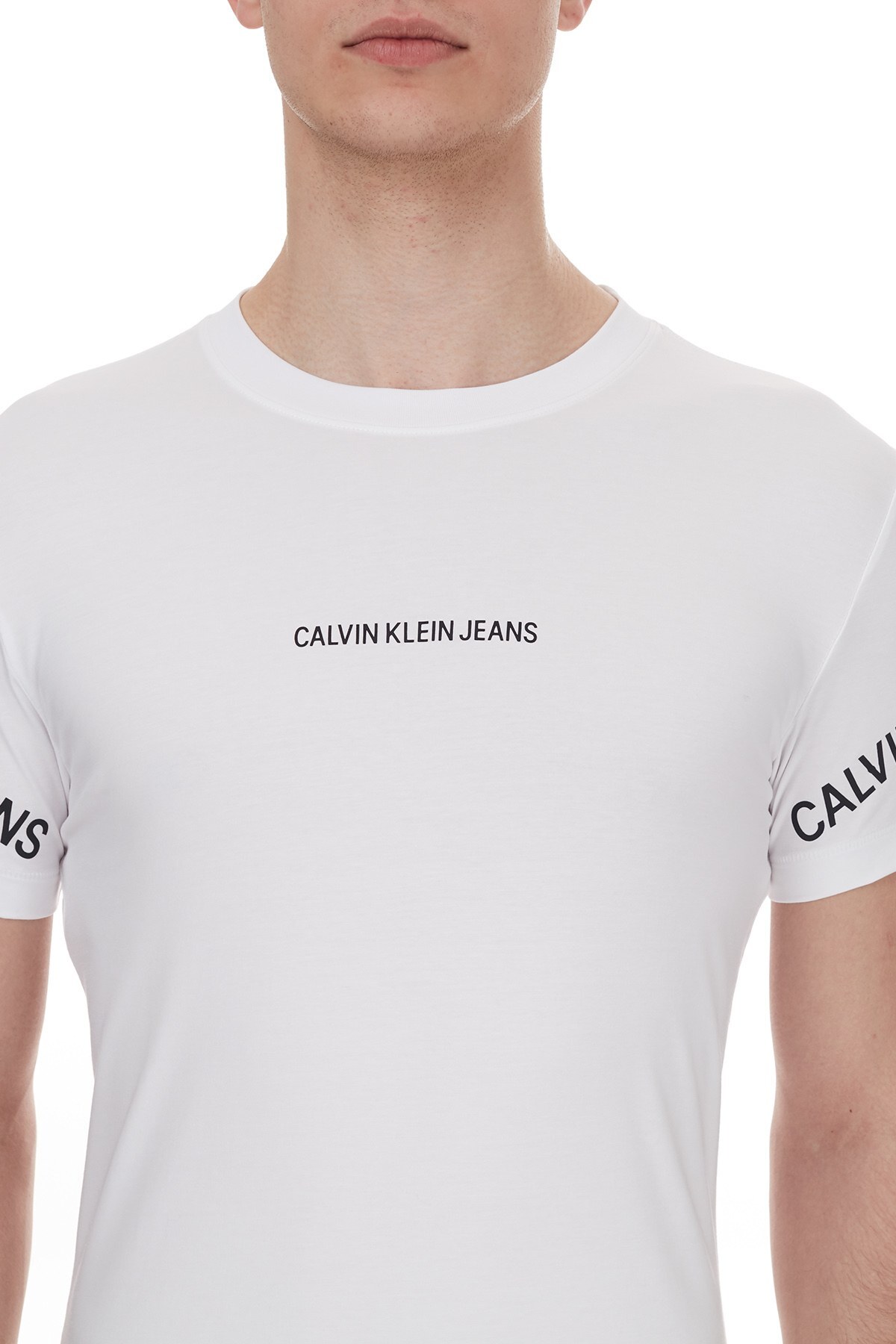 Calvin Klein Logo Baskılı Bisiklet Yaka Pamuklu Erkek T Shirt J30J316465 YAF BEYAZ
