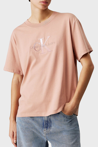 Calvin Klein Logo Baskılı Pamuklu Relaxed Fit Bisiklet Yaka J20J224798TGW Bayan T Shirt J20J224798 TGW PUDRA - 1