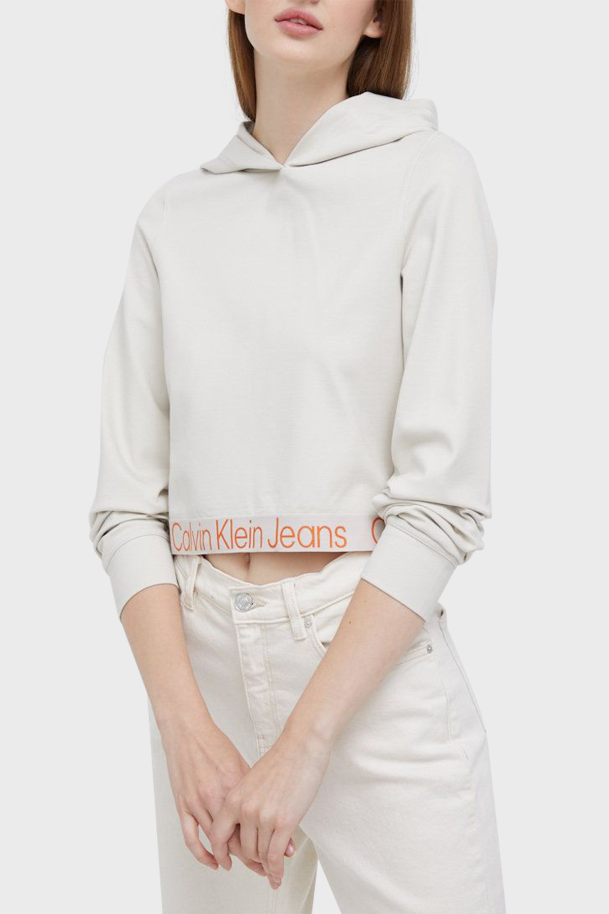 Calvin Klein Logo Detaylı Regular Fit Kapüşonlu Crop Bayan Sweat J20J219904 ACF BEJ