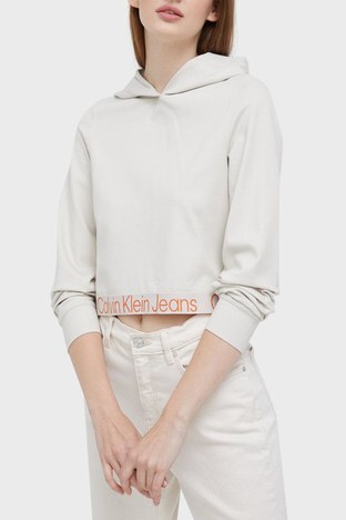 Calvin Klein - Calvin Klein Logo Detaylı Regular Fit Kapüşonlu Crop Bayan Sweat J20J219904 ACF BEJ