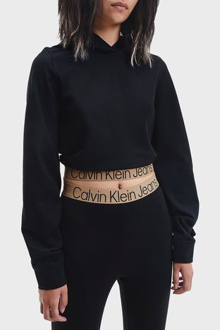Calvin Klein - Calvin Klein Logo Detaylı Regular Fit Kapüşonlu Crop Bayan Sweat J20J219904 BEH SİYAH