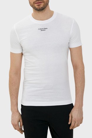 Calvin Klein - Calvin Klein Logolu % 100 Pamuk Slim Fit Bisiklet Yaka Erkek T Shirt J30J320595 YAF BEYAZ