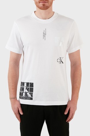 Calvin Klein - Calvin Klein Logolu Bisiklet Yaka % 100 Pamuk Erkek T Shirt J30J320886 YAF BEYAZ