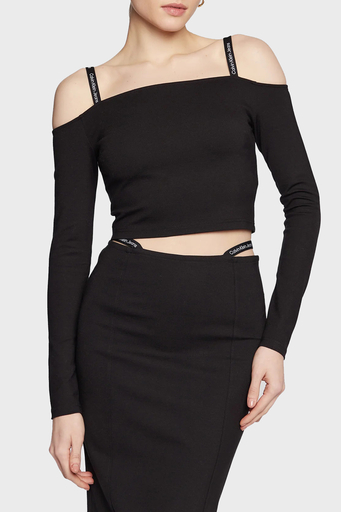 Calvin Klein Logolu Carmen Yaka Dar Kesim Crop Bayan T Shirt J20J220294 BEH SİYAH - 1