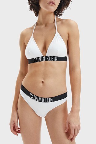 Calvin Klein - Calvin Klein Logolu Çıkarılabilir Dolgulu Üçgen Bayan Bikini Üstü KW0KW01824 YCD BEYAZ