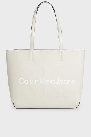 Calvin Klein - Calvin Klein Logolu Fermuarlı Bayan Çanta K60K609195 ACF BEJ