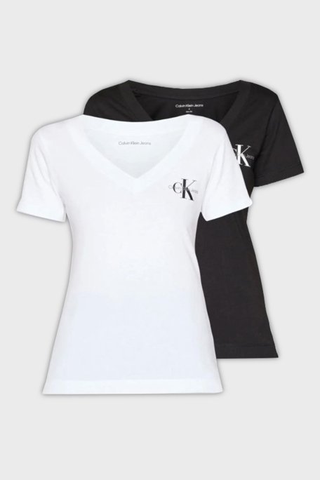 Calvin Klein Logolu Pamuklu V Yaka Relaxed Fit 2 Pack J20J223447BEH Bayan T Shirt J20J223447 BEH SİYAH-BEYAZ - 1