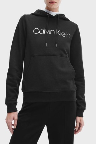 Calvin Klein - Calvin Klein Logolu Regular Fit Kapüşonlu Kanguru Cepli % 100 Pamuk Bayan Sweat K20K202687 BEH SİYAH