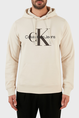 Calvin Klein - Calvin Klein Logolu Regular Fit Kapüşonlu Kanguru Cepli % 100 Pamuk Erkek Sweat J30J320805 ACF BEJ