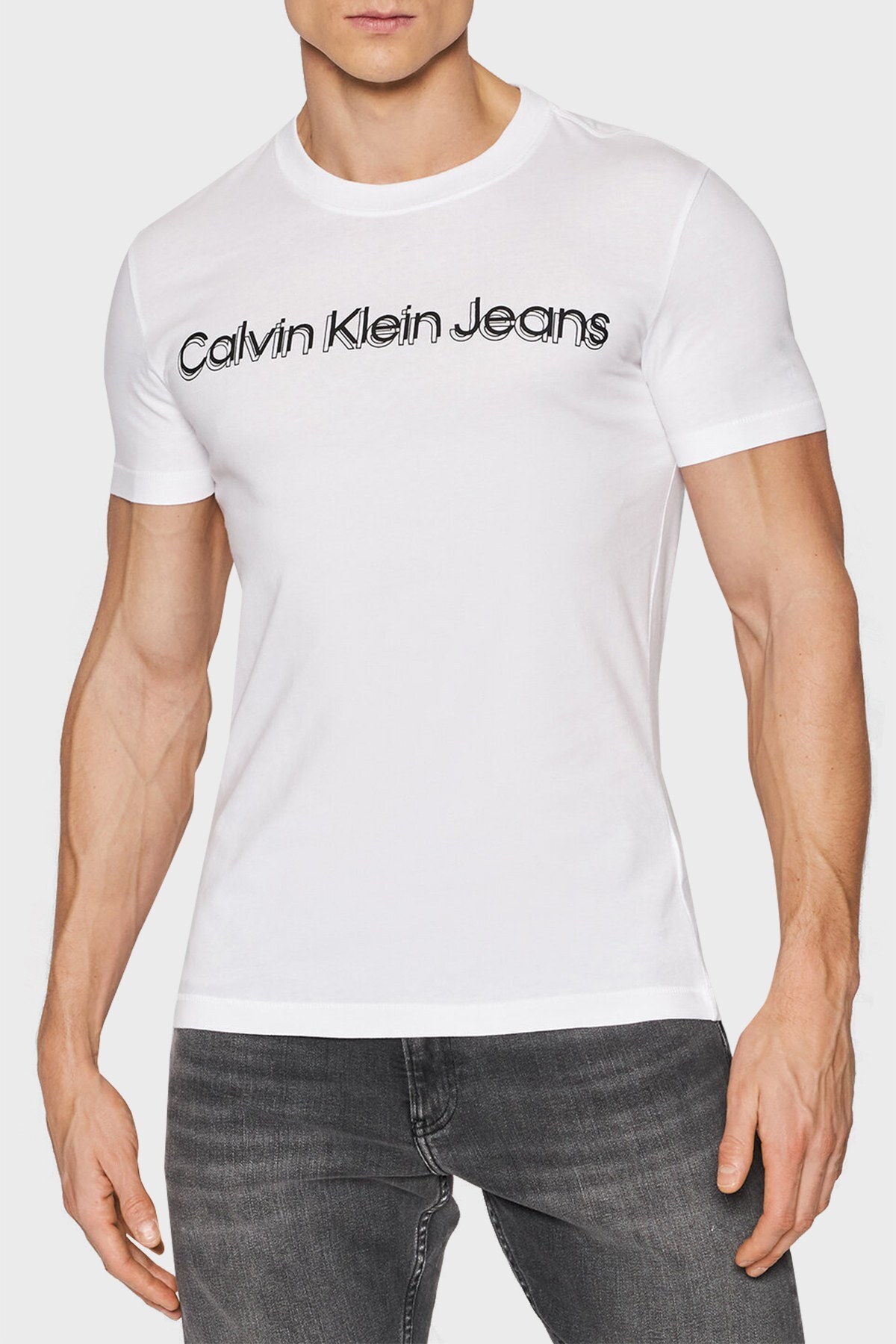 Calvin Klein Logolu Slim Fit Bisiklet Yaka % 100 Pamuk Erkek T Shirt J30J319714 YAF BEYAZ