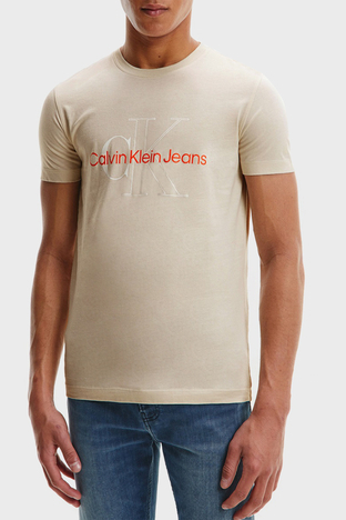 Calvin Klein - Calvin Klein Logolu Slim Fit Bisiklet Yaka % 100 Pamuk Erkek T Shirt J30J320717 ACF BEJ