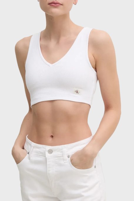 Calvin Klein Logolu Streç Pamuklu Slim Fit V Yaka J20J225308YAA Bayan Top J20J225308 YAA BEYAZ - 1