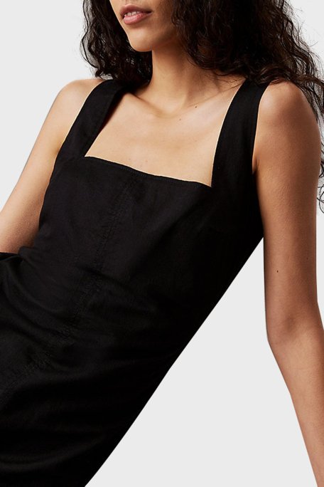 Calvin Klein Pamuk ve Keten Karışımlı Regular Fit Kare Yaka Mini J20J225277BEH Bayan Elbise J20J225277 BEH SİYAH - 3