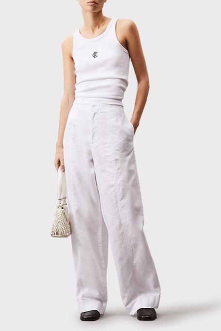 Calvin Klein Pamuk ve Keten Karışımlı Straight Fit Düz Paça J20J225340YAA Bayan Pantolon J20J225340 YAA BEYAZ - 2