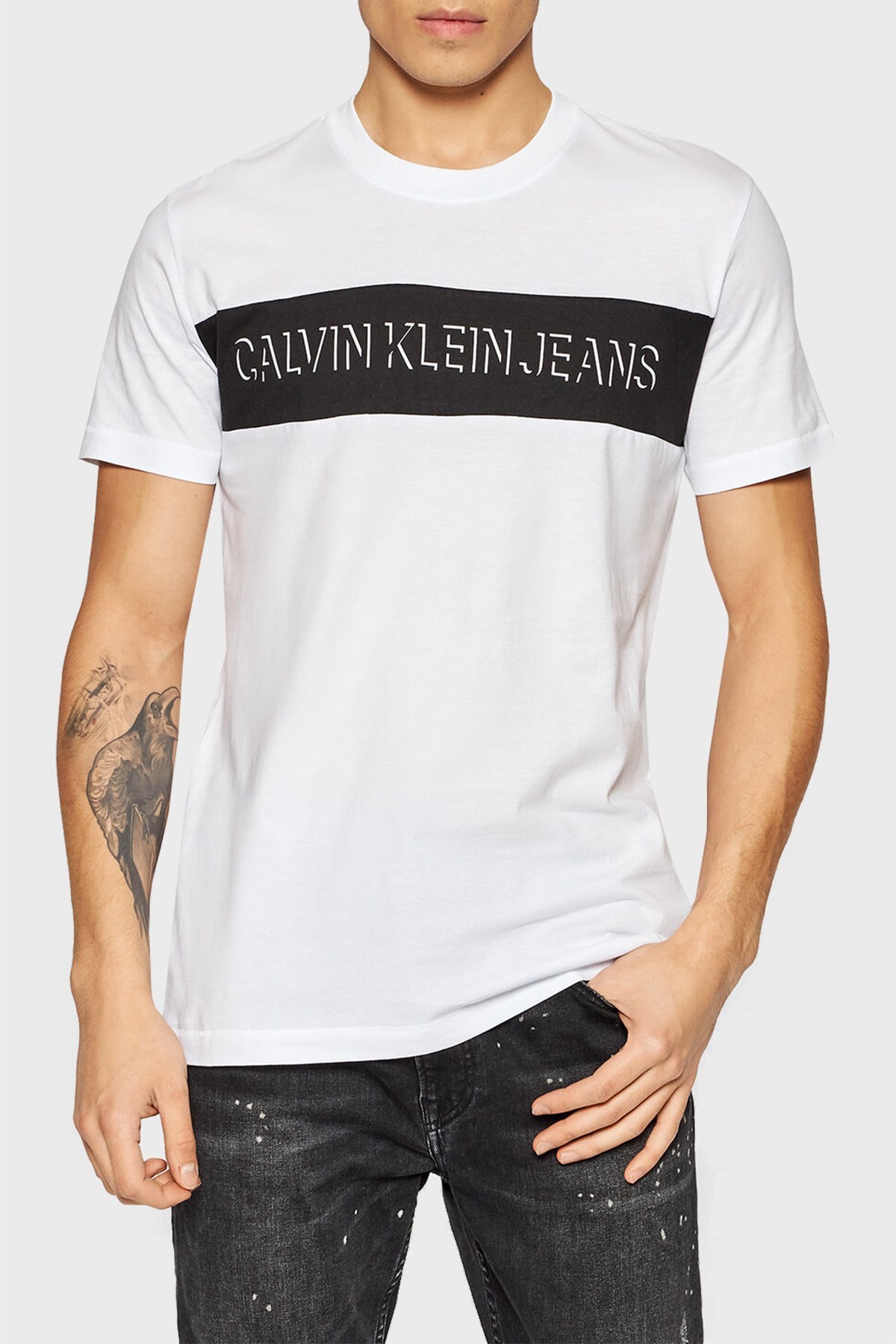Calvin Klein Pamuklu Baskılı Regular Fit Bisiklet Yaka Erkek T Shirt J30J319296 YAF BEYAZ