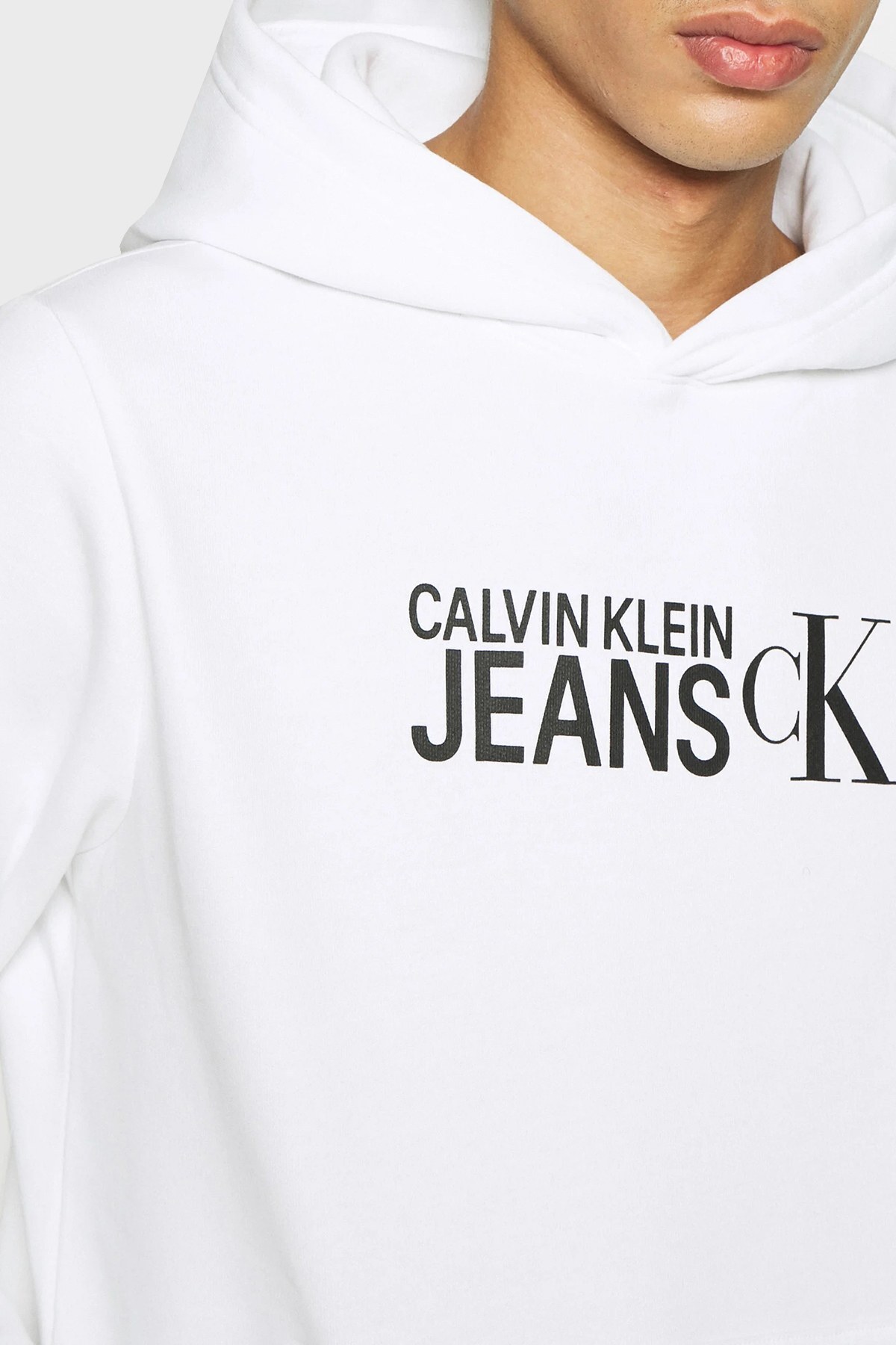 Calvin Klein Pamuklu Kanguru Cepli Regular Fit Kapüşonlu Erkek Sweat J30J318788 YAF BEYAZ