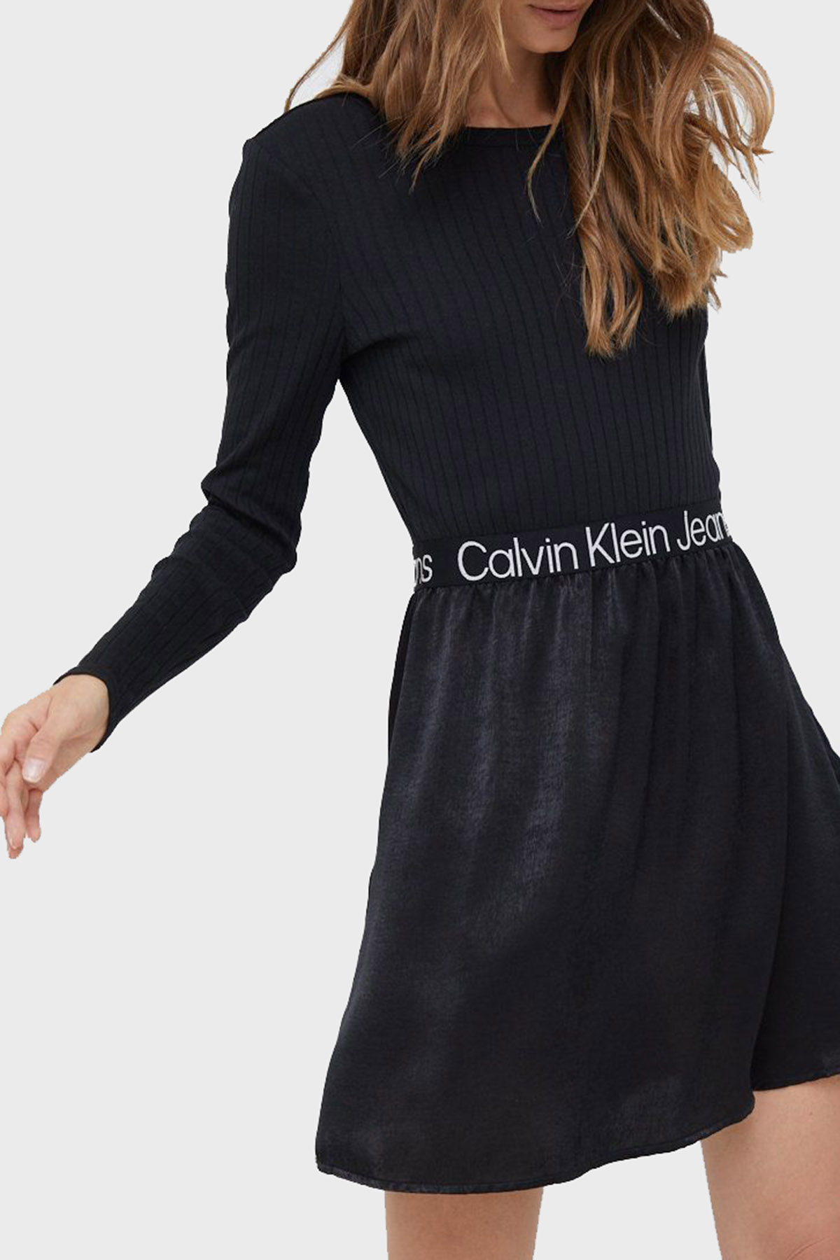 Calvin Klein Pamuklu Logolu Bel Bantlı Bisiklet Yaka Regular Fit Bayan Elbise J20J219989 BEH SİYAH