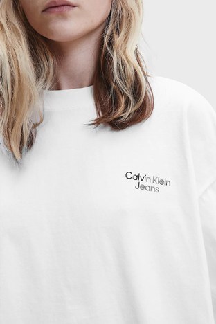 Calvin Klein - Calvin Klein Pamuklu Oversize Bisiklet Yaka Bayan T Shirt J20J219934 YAF BEYAZ (1)