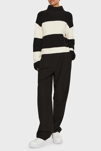 Calvin Klein Pamuklu Regular Fit Balıkçı Yaka Şeritli J20J224227YBI Bayan Kazak J20J224227 YBI SİYAH-BEYAZ - 3