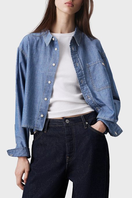 Calvin Klein Pamuklu Relaxed Fit Tek Cepli Kısa J20J2250111A4 Bayan Gömlek J20J225011 1A4 MAVİ - 5