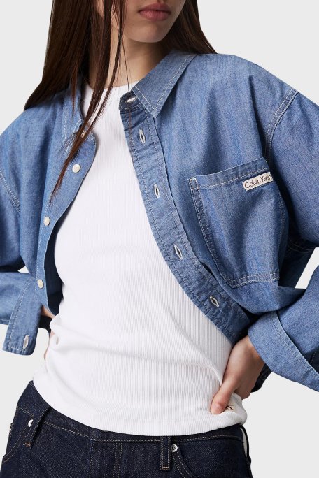 Calvin Klein Pamuklu Relaxed Fit Tek Cepli Kısa J20J2250111A4 Bayan Gömlek J20J225011 1A4 MAVİ - 8