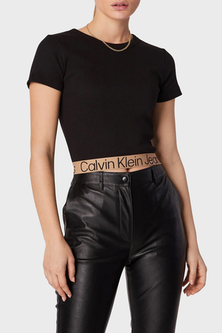Calvin Klein - Calvin Klein Pamuklu Slim Fit Bisiklet Yaka Logo Bantlı Crop Bayan T Shirt J20J219893 BEH SİYAH