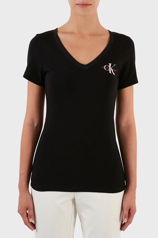 Calvin Klein - Calvin Klein Pamuklu V Yaka Slim Fit Bayan T Shirt J20J217932 0GK SİYAH