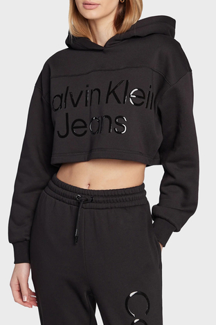 Calvin Klein - Calvin Klein Parlak Logolu Kapüşonlu Pamuklu Rahat Kesim Crop Bayan Sweat J20J220560 BEH SİYAH