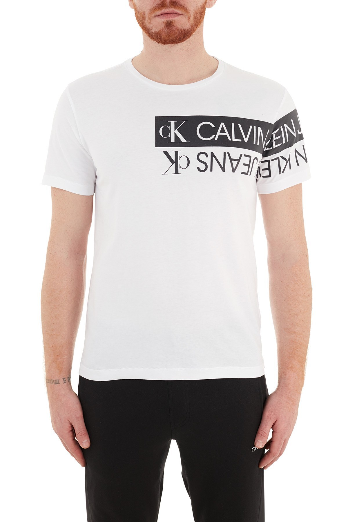 Calvin Klein Regular Fit Baskılı Bisiklet Yaka % 100 Pamuk Erkek T Shirt J30J317086 YAF BEYAZ