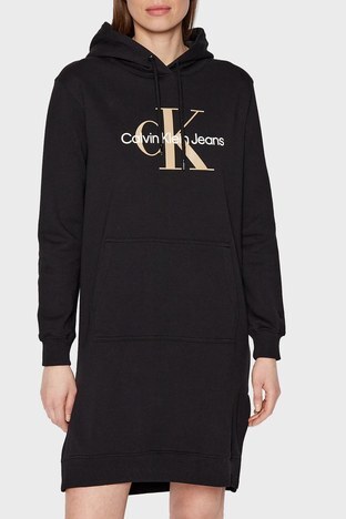 Calvin Klein - Calvin Klein Regular Fit Yanlardan Yırtmaçlı Kapüşonlu % 100 Pamuk Bayan Elbise J20J218343 BEH SİYAH