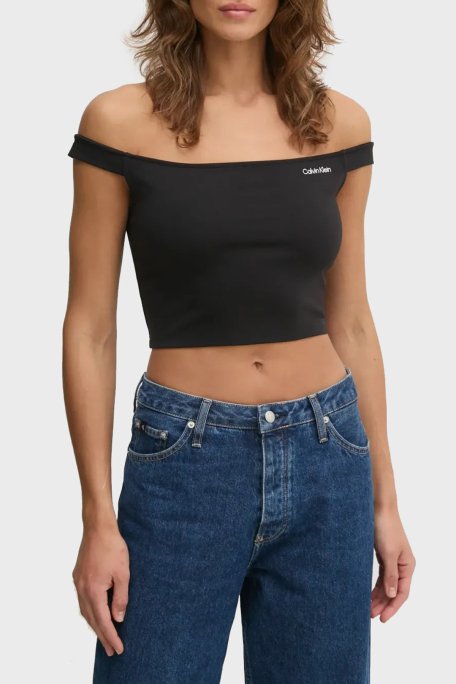 Calvin Klein Streç Logolu Slim Fit Kayık Yaka J20J225542BEH Bayan Top J20J225542 BEH SİYAH - 1