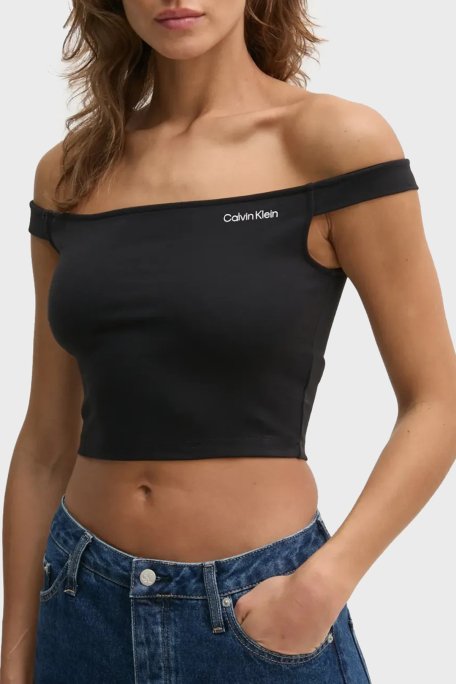 Calvin Klein Streç Logolu Slim Fit Kayık Yaka J20J225542BEH Bayan Top J20J225542 BEH SİYAH - 4