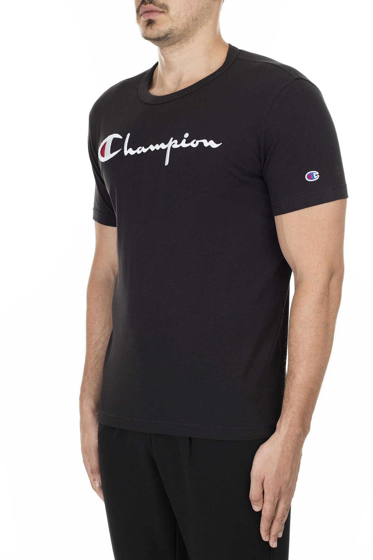 Champion İşlemeli Yazı Logolu Bisiklet Yaka Erkek T Shirt 210972 KK001 NBK SİYAH