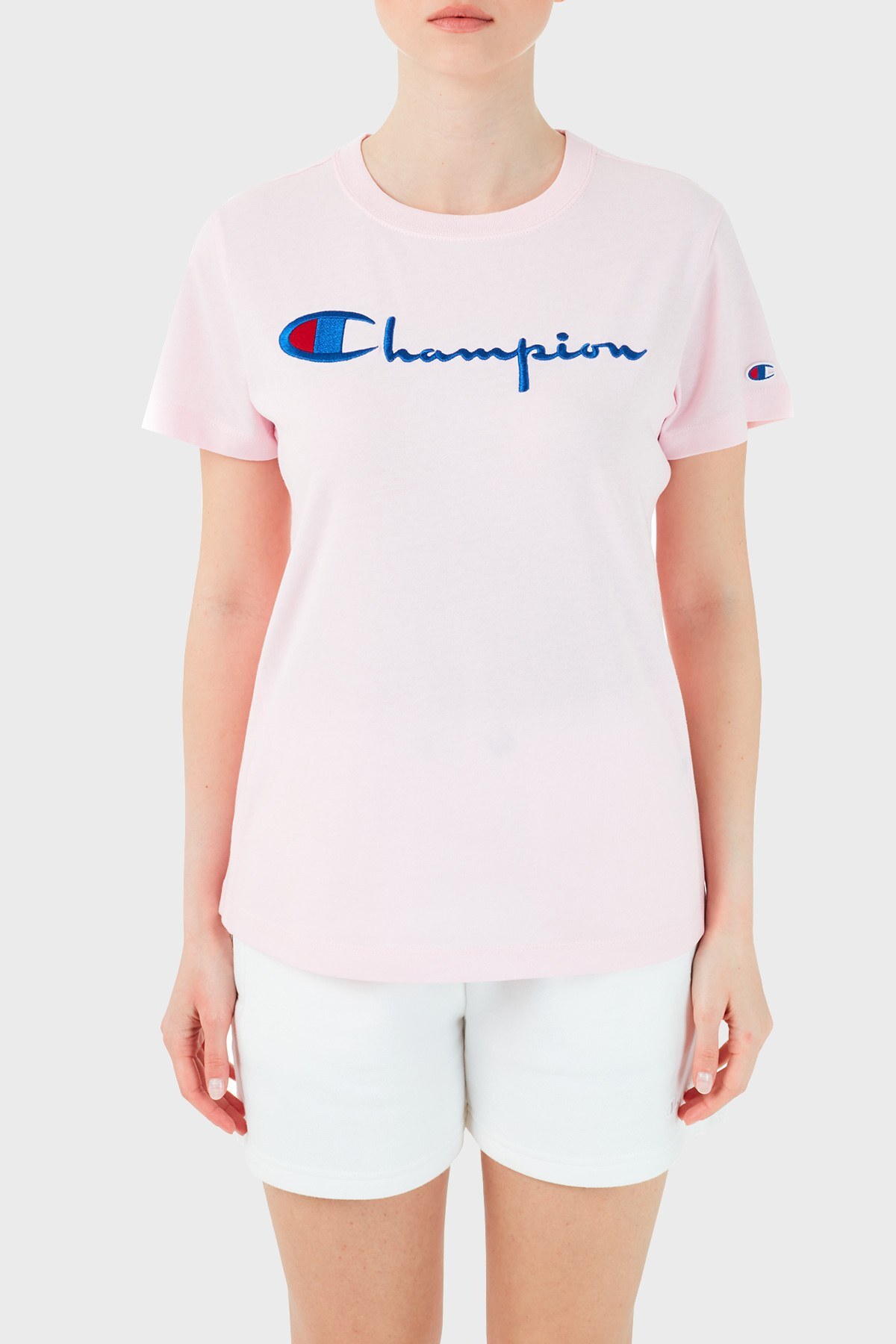 Champion Logo Baskılı Bisiklet Yaka % 100 Pamuk Bayan T Shirt 110992 BAP PS104 PEMBE