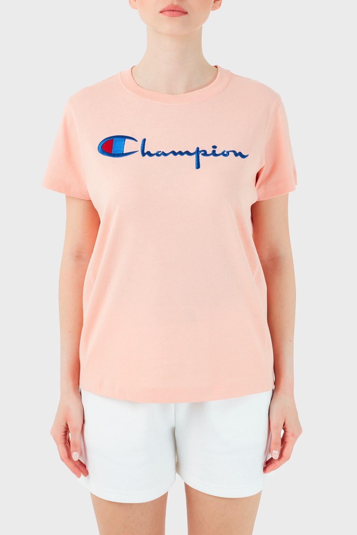 Champion Logo Baskılı Bisiklet Yaka % 100 Pamuk Bayan T Shirt 110992 CPK PS138 PUDRA
