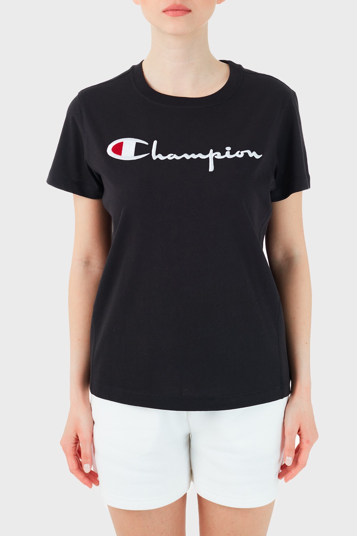 Champion Logo Baskılı Bisiklet Yaka % 100 Pamuk Bayan T Shirt 110992 NBK KK001 SİYAH