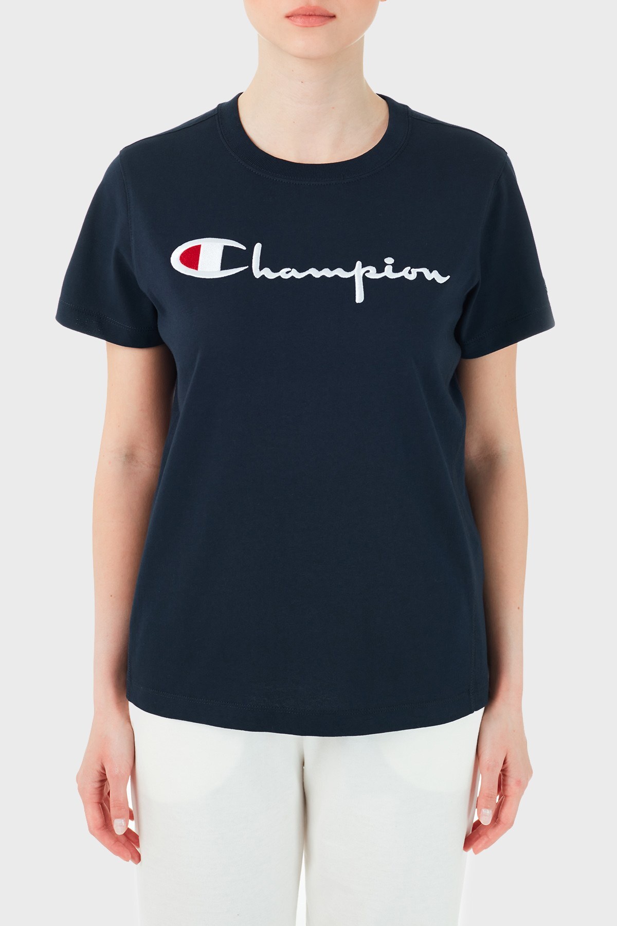 Champion Logo Baskılı Bisiklet Yaka % 100 Pamuk Bayan T Shirt 110992 NNY BS501 LACİVERT
