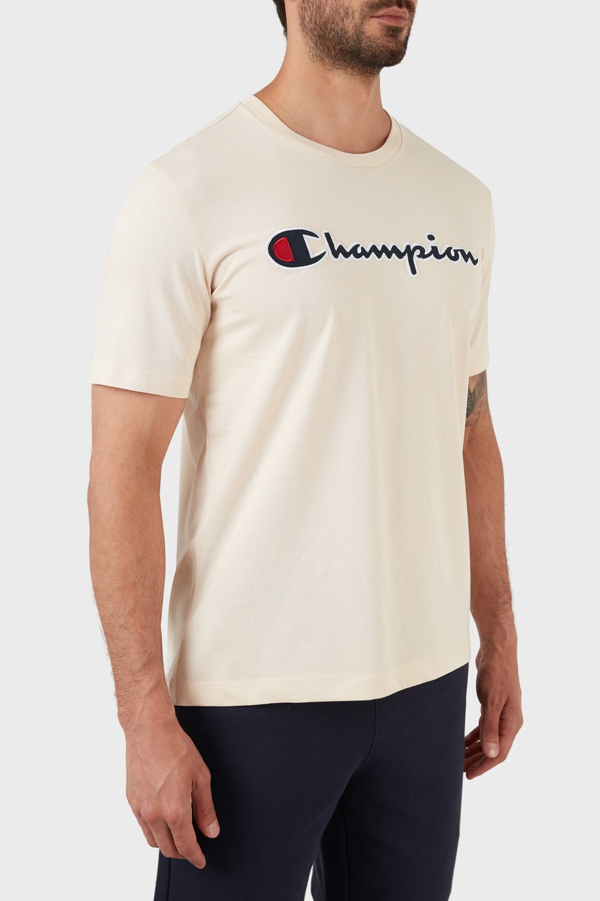 Champion Logolu Regular Fit Bisiklet Yaka % 100 Pamuk Erkek T Shirt 217814 SND YS015 BEJ
