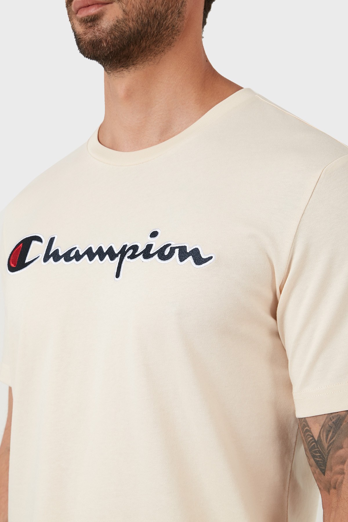 Champion Logolu Regular Fit Bisiklet Yaka % 100 Pamuk Erkek T Shirt 217814 SND YS015 BEJ
