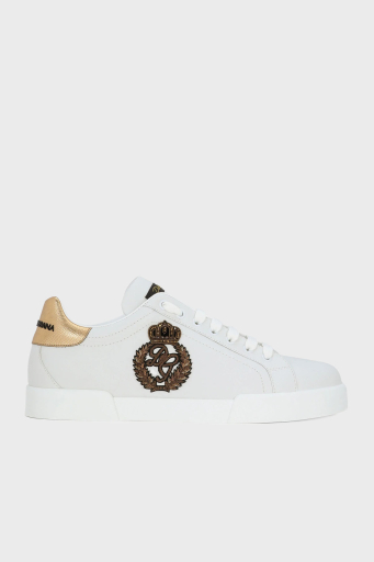 Dolce & Gabbana Taç Logolu Deri Sneaker Erkek Ayakkabı CS2330 AH136 8I047 BEYAZ-GOLD - 1