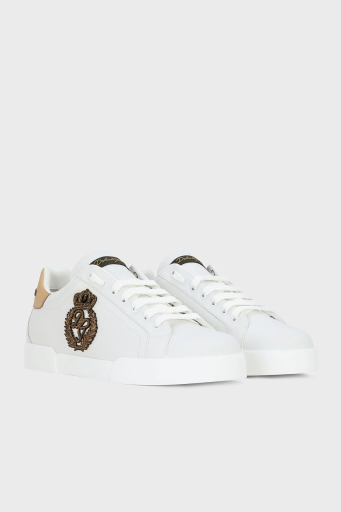 Dolce & Gabbana Taç Logolu Deri Sneaker Erkek Ayakkabı CS2330 AH136 8I047 BEYAZ-GOLD - 2