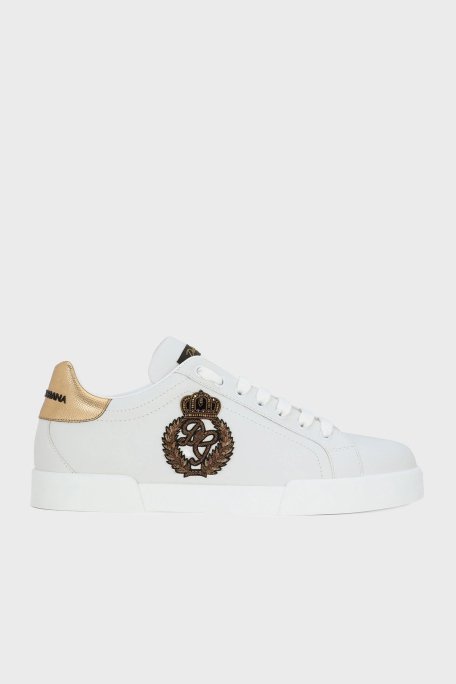 Dolce & Gabbana Taç Logolu Deri Sneaker Erkek Ayakkabı CS2330 AH136 8I047 BEYAZ-GOLD - 1